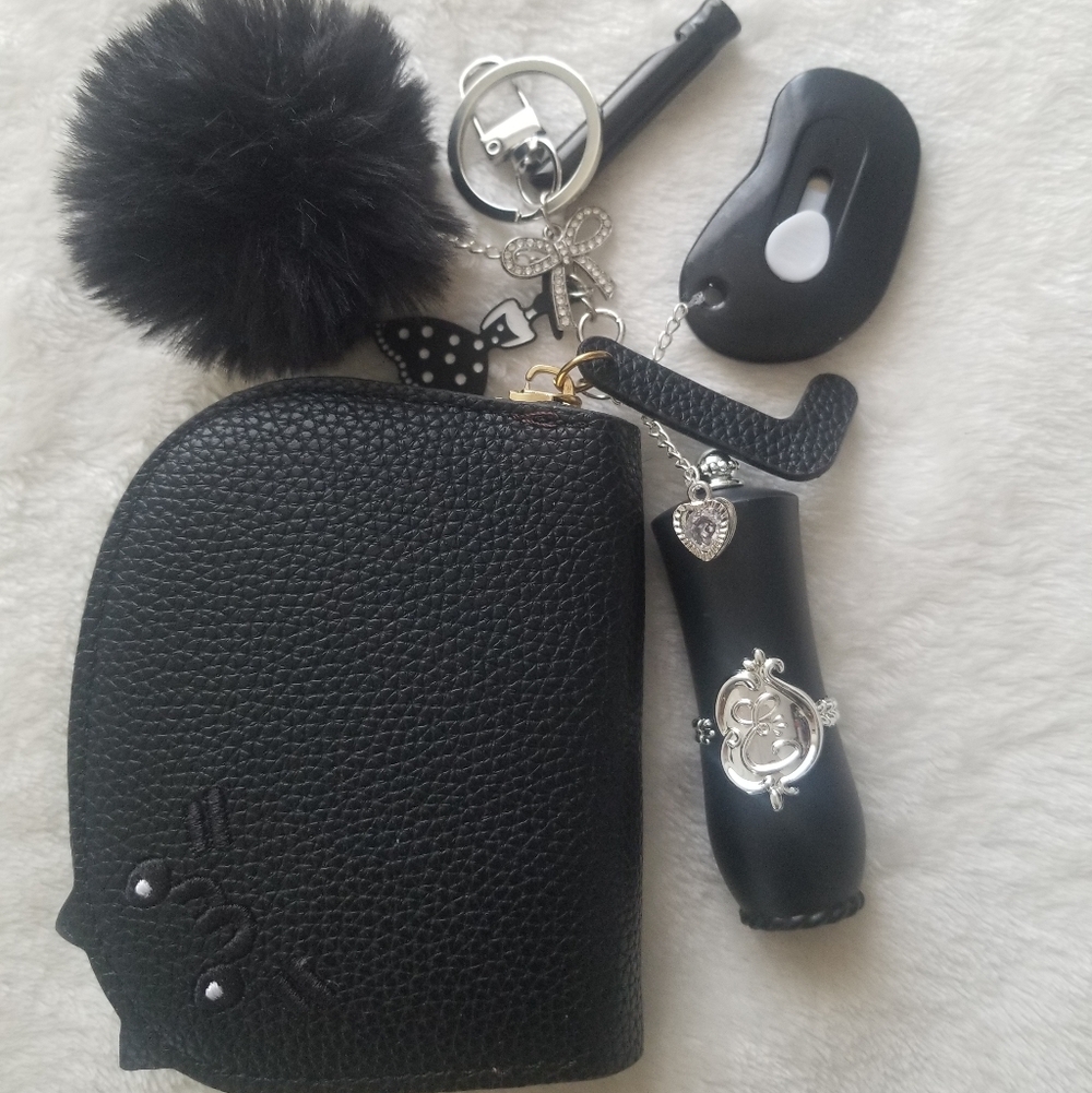 Black Faux Leather Cat Wallet Keychain